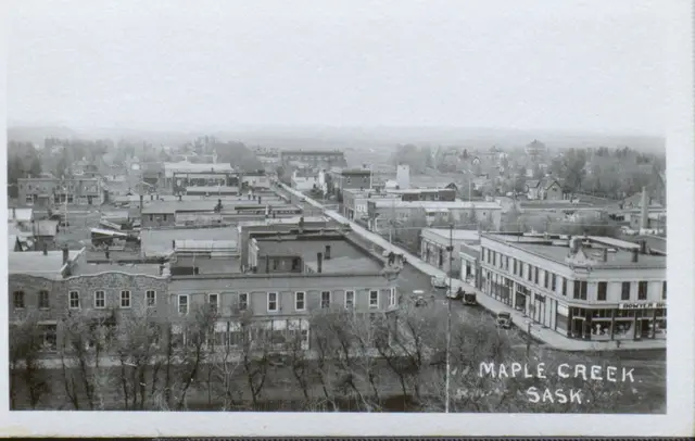 Aerial view of Maple Creek's main street and downtown