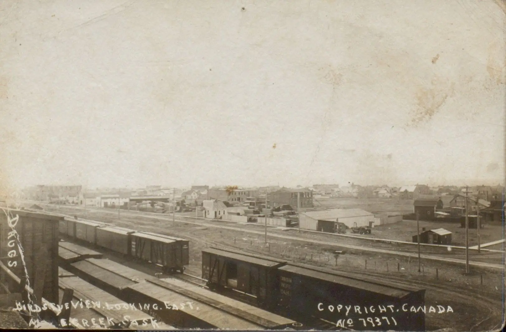Bird's-eye view looking east over the rail yards